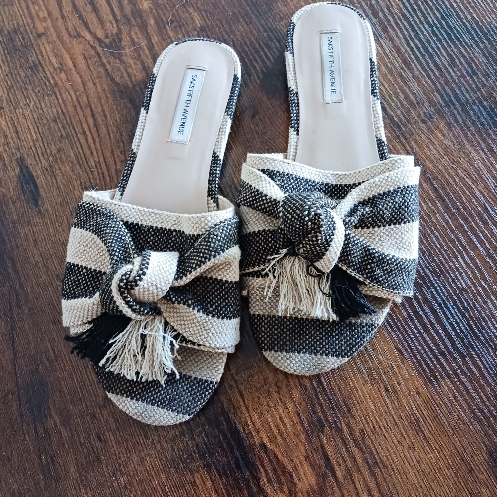Saks Fifth Ave Black and White Striped Slip On Sandals - 7.5M